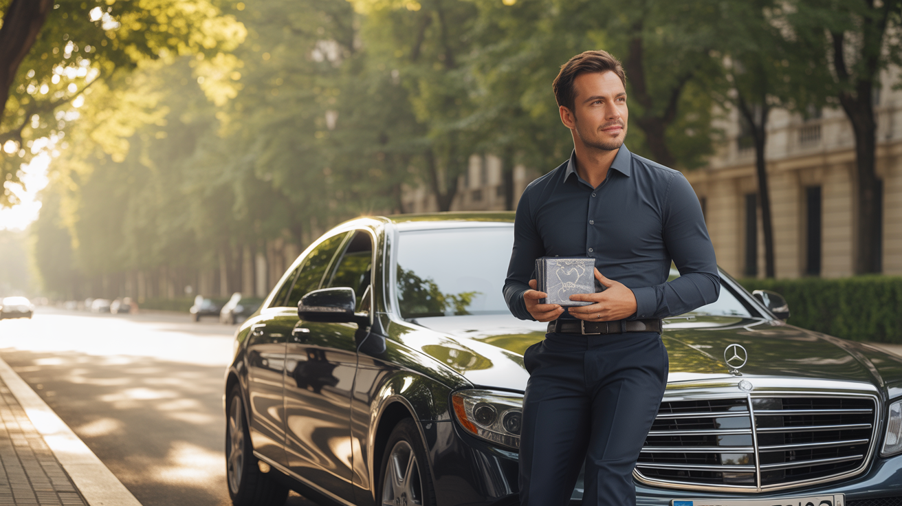 Conductor profesional junto a coche premium en bulevar europeo